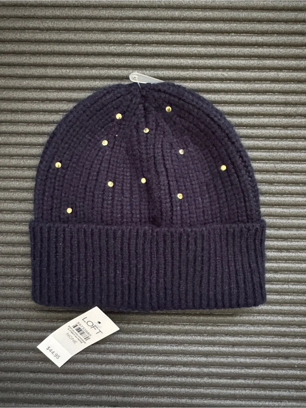LOFT Navy Blue Studded Ribbed Knit Beanie NWT Gold Embellished Cuff Hat